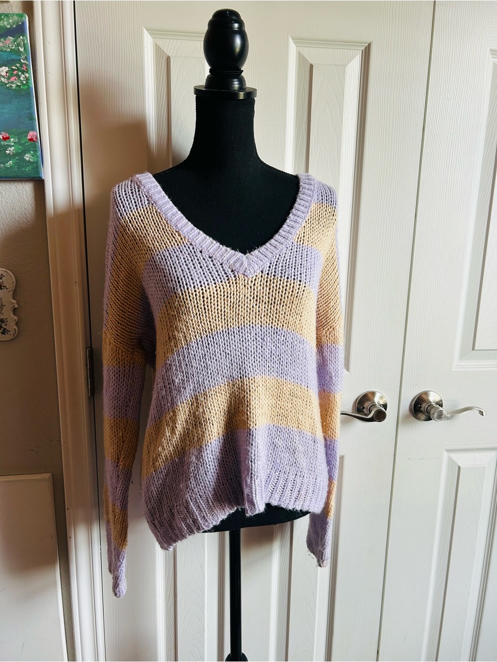L'ACADEMIE ribbed loose knit oversized pastel striped vneck sweater